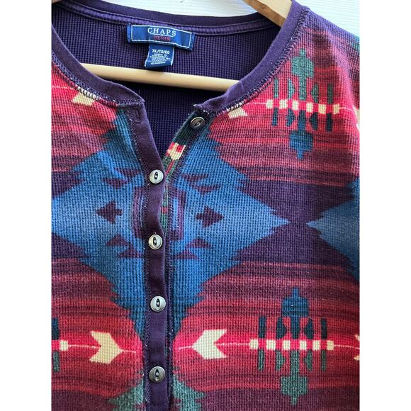 Chaps Denim Multicolor Aztec Southwest Print Waffle Long Sleeve Henley Top XL - Picture 5 of 9